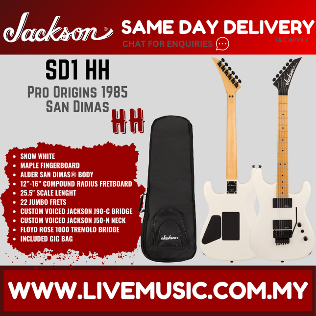 Jackson SD1 HH Pro Origins 1985 San Dimas Electric Guitar, Maple FB, Snow White ( SD1HH / SD-1HH )