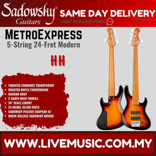 Sadowsky MetroExpress 24-Fret Modern 5-String Bass, Roasted Maple FB, Tobacco Sunburst Transparent