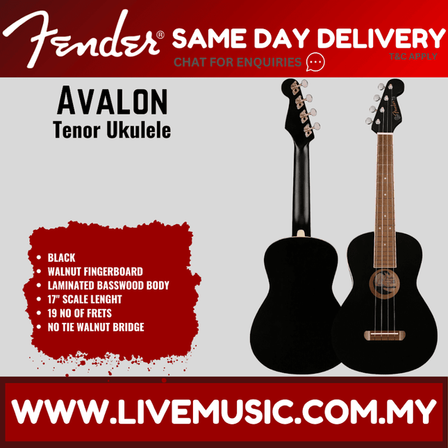 Fender Avalon tenor ukulele in black finish with walnut fingerboard.