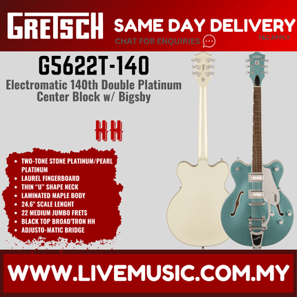 Gretsch G5622T-140 Electromatic 140th Double Platinum Ed Center Block, 2-Tone Stone/Pearl Platinum