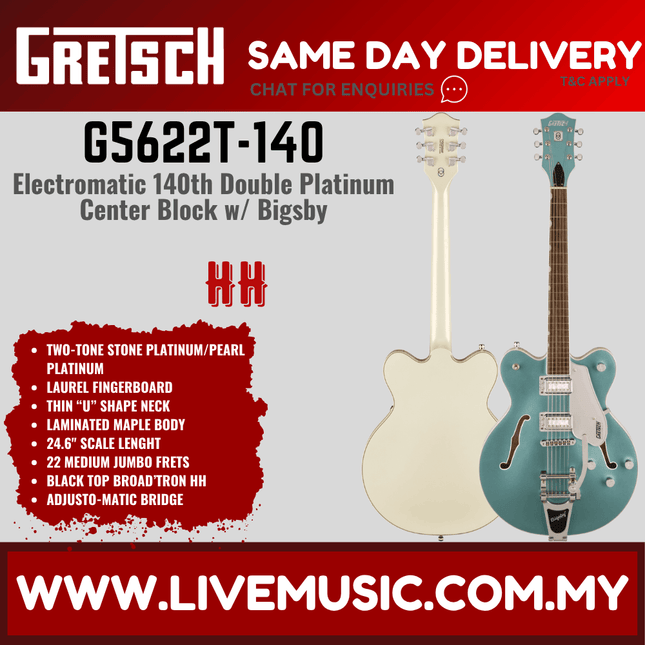Gretsch G5622T-140 Electromatic 140th Double Platinum Ed Center Block, 2-Tone Stone/Pearl Platinum