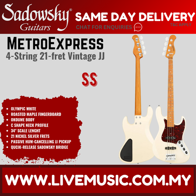 Sadowsky MetroExpress 21-fret Vintage JJ 4-String Bass Guitar, Roasted Maple FB, Olympic White