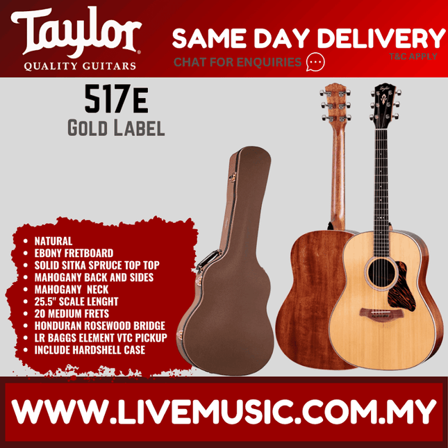 Taylor 517e acoustic guitar with case, light wood body and dark pickguard