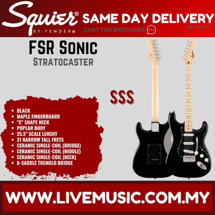 Squier FSR Sonic Stratocaster Electric Guitar w/Black PG & White Plastic Parts, Maple FB, Black