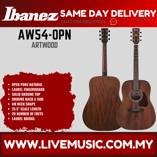 Ibanez AW54-OPN Artwood Solid Top Dreadnought Acoustic Guitar - Open Pore Natural ( AW54 OPN / AW54OPN )
