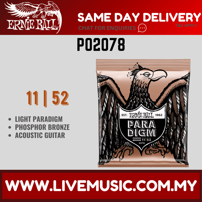 Ernie Ball 2078 Paradigm Phosphor Bronze Acoustic Guitar Strings, Light, 11-52 Gauge