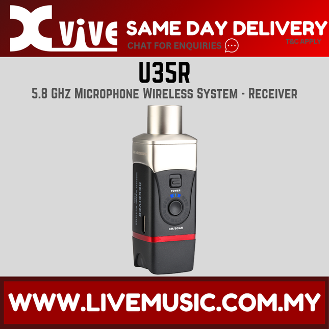 Xvive U35R 5.8GHz wireless microphone receiver, metallic silver top, black body with red accents.