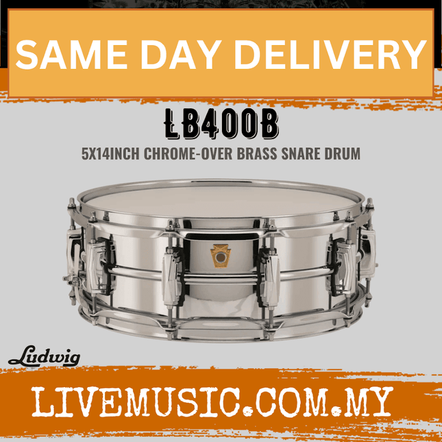 Ludwig LB400B 5x14inch Chrome-Over Brass Snare Drum, Smooth Shell, Imperial Lugs