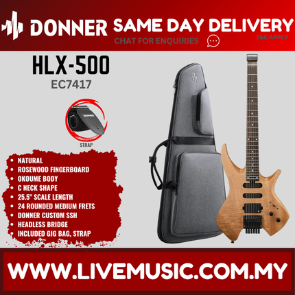 Donner EC7417 HLX-500 Headless Electric Guitar w/Gigbag, Rosewood Fingerboard, Wooden Nature ( HLX500 / HLX5000 )
