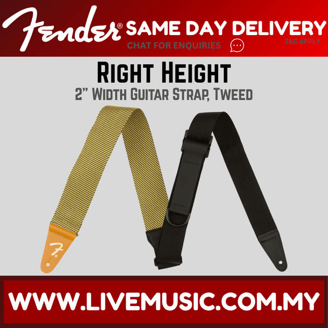 Right Height tweed guitar strap with Fender buckle, tan and black