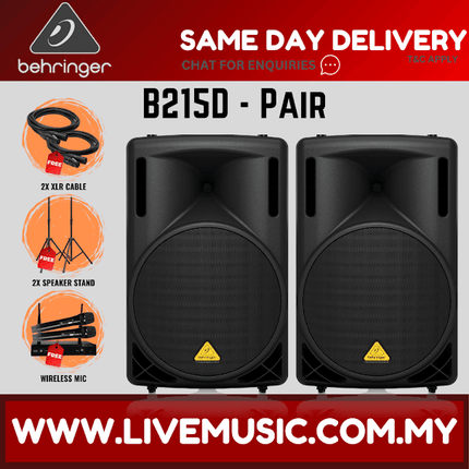 Behringer Eurolive B215D 550W 15" Powered Speaker w/Wireless Mic, Speaker Stand and Cable - Pair ( B-215D / B 215D )