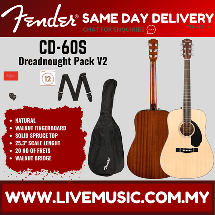 Fender CD-60S Dreadnought Acoustic Guitar Pack V2, Walnut FB, Natural ( CD60S / CD 60S )
