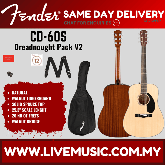 Fender CD-60S dreadnought acoustic guitar pack with natural spruce top and gig bag