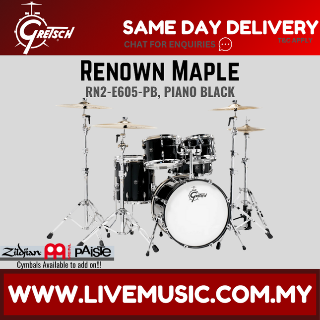 Gretsch RN2-E605-PB Renown Maple 5-Piece Drum Shell Kit Set (20inch Bass), Piano Black