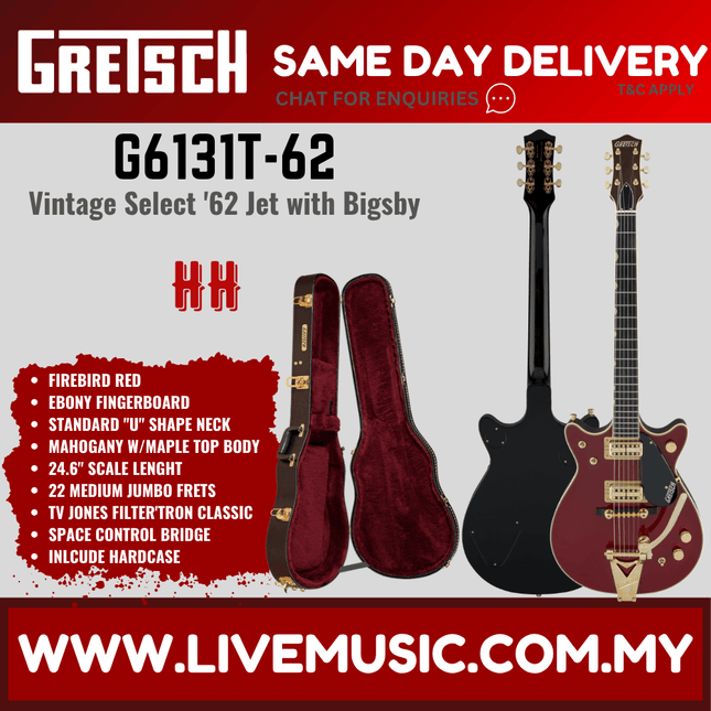 Gretsch G6131T-62 Vintage Select Edition 62 Duo Jet Electric Guitar, Firebird Red