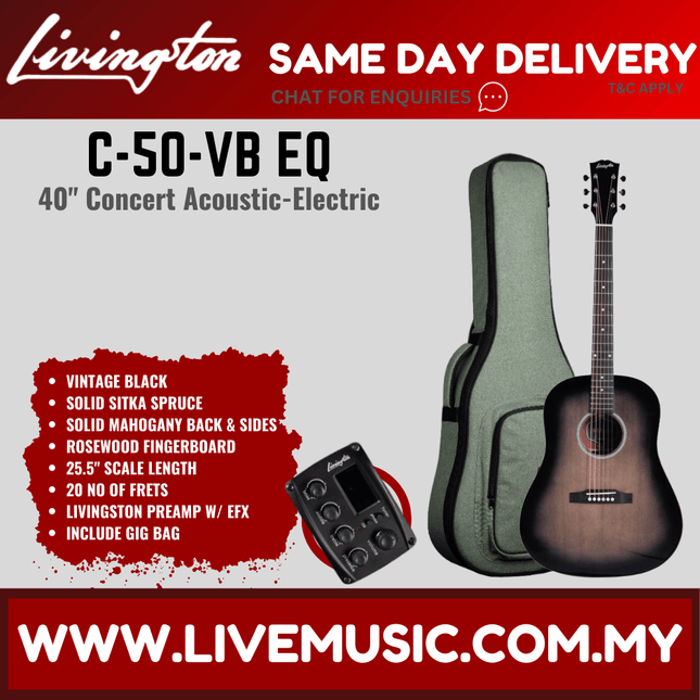 Livingston C-50 EQ 40" Full Solid Concert Acoustic-Electric Guitar, Rosewood FB - ( C50 C 50 )