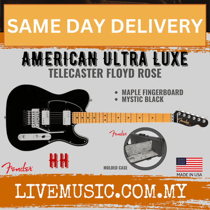 Fender American Ultra Luxe Telecaster Floyd Rose HH Electric Guitar, Maple FB, Mystic Black