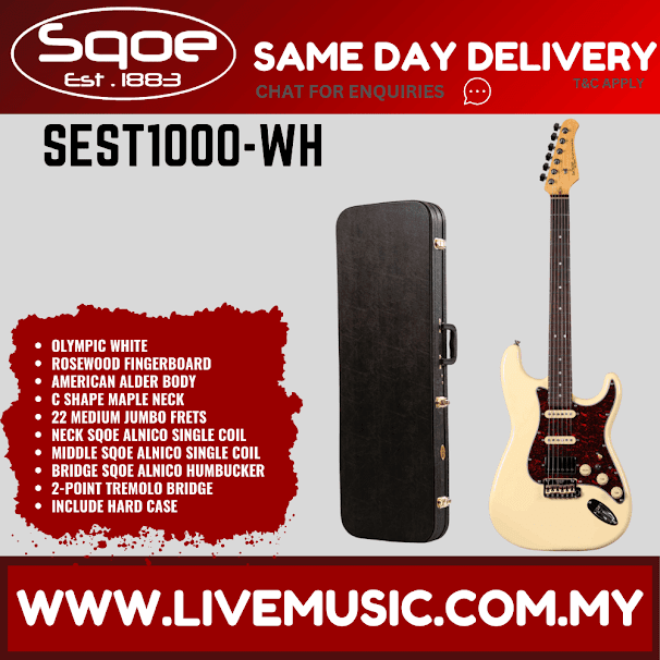 SQOE SEST1000 Stratocaster Custom HSS Electric Guitar w/Gig Bag, Rosewood FB - Olympic White ( SEST-1000 / SEST 1000 )