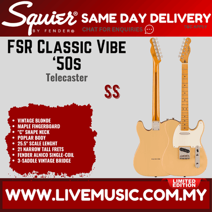 Squier FSR Classic Vibe 50s Telecaster Electric Guitar, Maple FB, Vintage Blonde