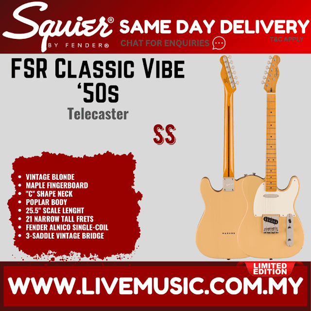 Squier FSR Classic Vibe 50s Telecaster Electric Guitar, Maple FB, Vintage Blonde