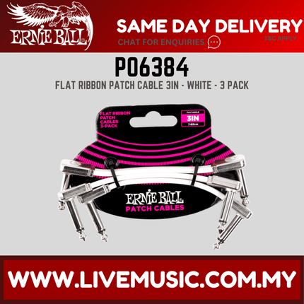 Ernie Ball 6384 Flat Ribbon Pedalboard Patch Cable, Right Angle to Right Angle, White, 3 Inch, 3-pack