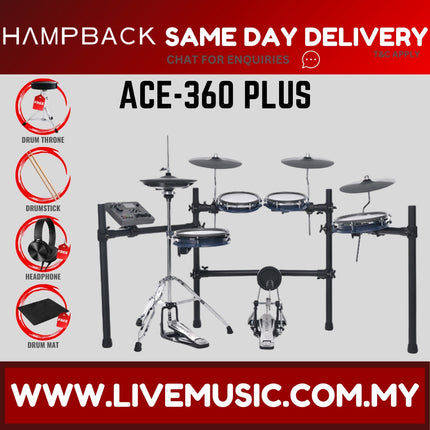 Hampback ACE-360 PLUS Full Mesh Digital Drum Set w/Headphone, Drumstick And Drum Throne - ( ACE360 ACE 360 ACE360PLUS )