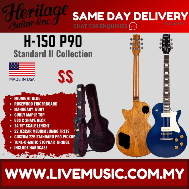 Heritage Standard II Collection H-150 P90 Electric Guitar with Case, Midnight Blue ( H150P90 / H 150 P90 )
