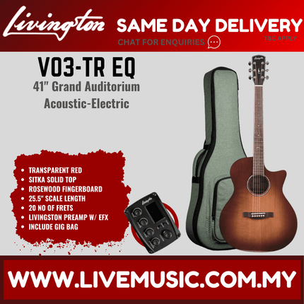 Livingston V03 EQ 41" Solid Top Acoustic-Electric Guitar, Rosewood FB ( V-03 V 03 )
