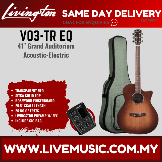 Transparent red acoustic-electric guitar with padded gig bag and EQ preamp pedal.