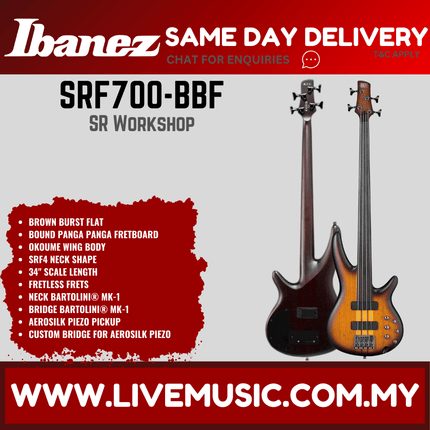 Ibanez SRF700 Workshop Series Fretless 4-Strings Bass Guitar - Brown Burst Flat (SRF700-BBF)