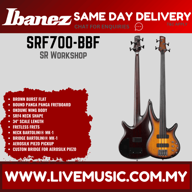 Ibanez SRF700 Workshop Series Fretless 4-Strings Bass Guitar - Brown Burst Flat (SRF700-BBF)