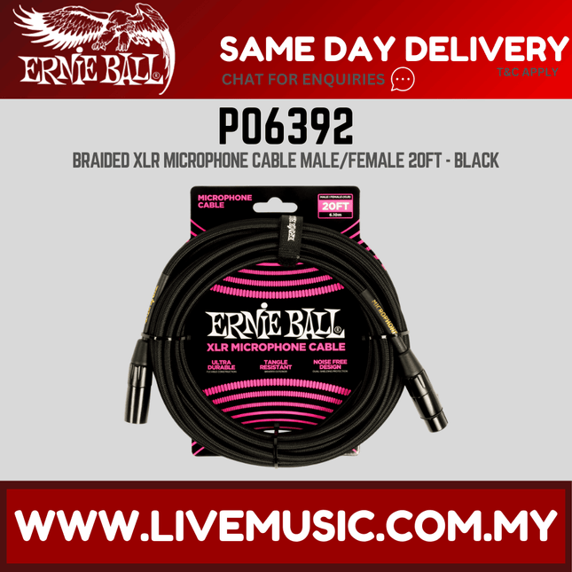 Ernie Ball 6392 Braided XLRM-XLRF Microphone Cable, 20′, Black