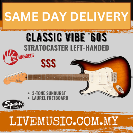 Squier Classic Vibe 60s Stratocaster Left-Handed Electric Guitar, Laurel FB, 3-Tone Sunburst