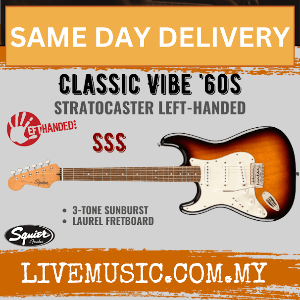 Squier Classic Vibe 60s Stratocaster Left-Handed Electric Guitar, Laurel FB, 3-Tone Sunburst