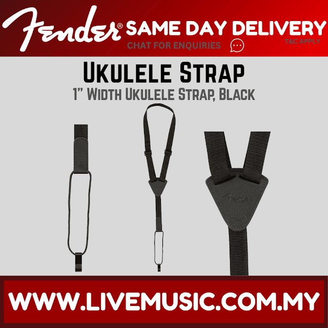 Fender black ukulele strap with adjustable ends and textured fabric backing