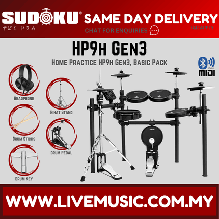 Sudoku Home Practice HP9H Gen 3 Mesh Black Electronic Drum w/Single Pedal, Headphone And Drumstick ( HP-9 HP9 )