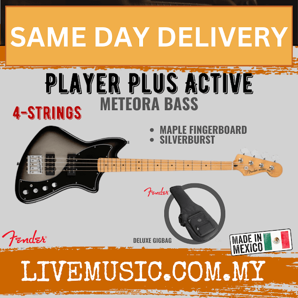 Fender Player Plus Active Meteora 4-string bass guitar, silverburst finish and maple fingerboard