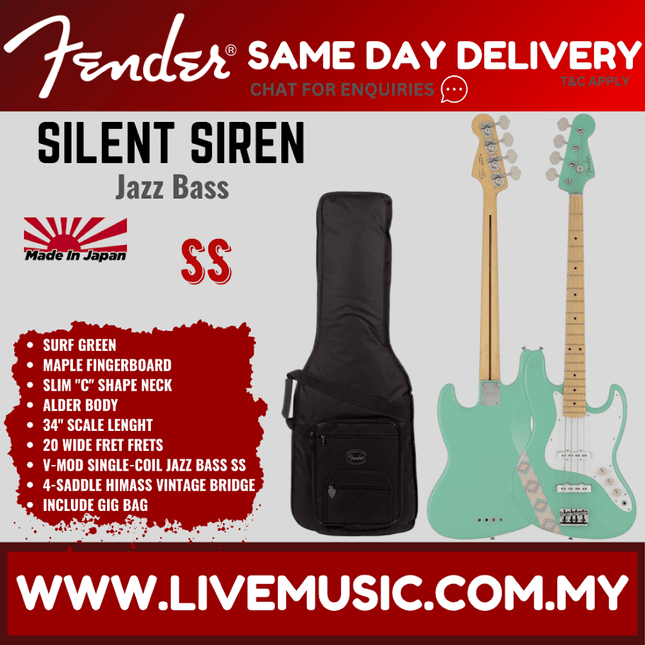 Fender Japan Silent Siren Signature Jazz Bass Guitar, Maple Fretboard with Gig Bag - Surf Green