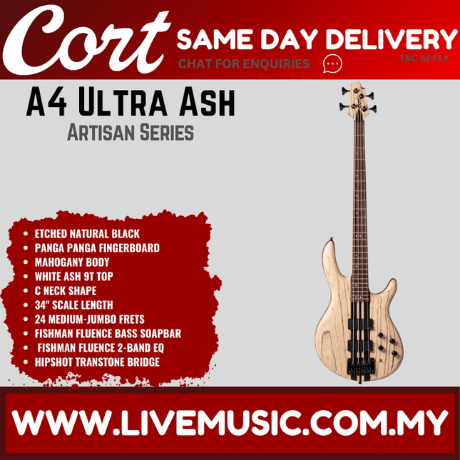 Cort A4 Ultra Ash 4-String Bass Guitar with Guitar Hardcase - Etched Natural Black