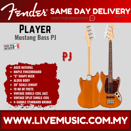 Fender Player Mustang PJ Bass Guitar, Pau Ferro Fretboard - Aged Natural/Firemist Gold