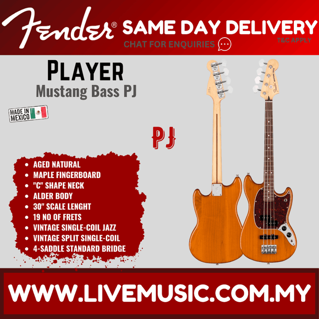 Fender Player Mustang PJ Bass Guitar, Pau Ferro Fretboard - Aged Natural/Firemist Gold