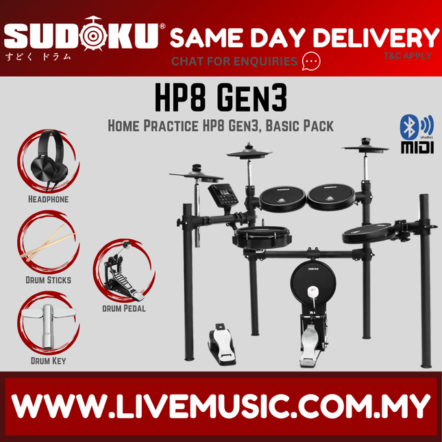 Sudoku Home Practice HP8 Gen 3 Mesh Black Electronic Drum Set With Accessories ( HP-8 HP 8 )