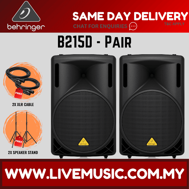 Pair of black 15-inch powered speakers with XLR cable and two speaker stands