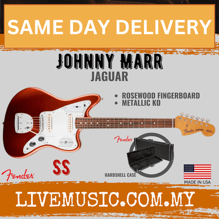 Fender Artist Johnny Marr Jaguar Electric Guitar, RW FB, Olympic White / Metallic KO-Metallic KO
