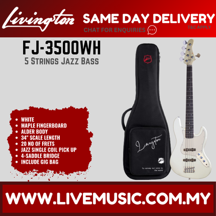 Livingston FJ-3500 5-String Jazz Bass Guitar, Rosewood Fretboard, w/Gig Bag ( JB 3500 JB3500 / FJ 3500 FJ3500 )