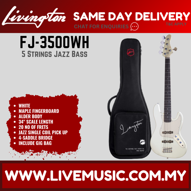 Livingston FJ-3500 5-String Jazz Bass Guitar, Rosewood Fretboard, w/Gig Bag-White ( JB 3500 JB3500 / FJ 3500 FJ3500 )