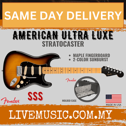 Fender American Ultra Luxe Stratocaster Electric Guitar, Maple FB, 2-Color Sunburst