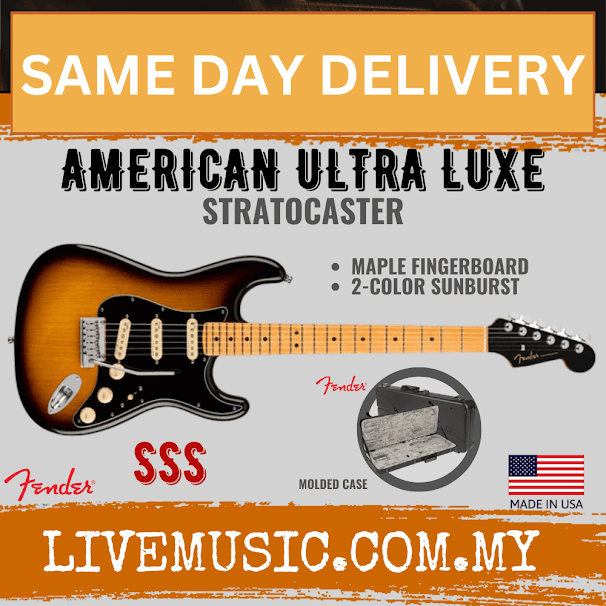 Fender American Ultra Luxe Stratocaster Electric Guitar, Maple FB, 2-Color Sunburst