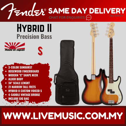 Fender Japan Hybrid II Precision Bass Guitar, Rosewood Fretboard with Gig Bag - 3-Tone Sunburst