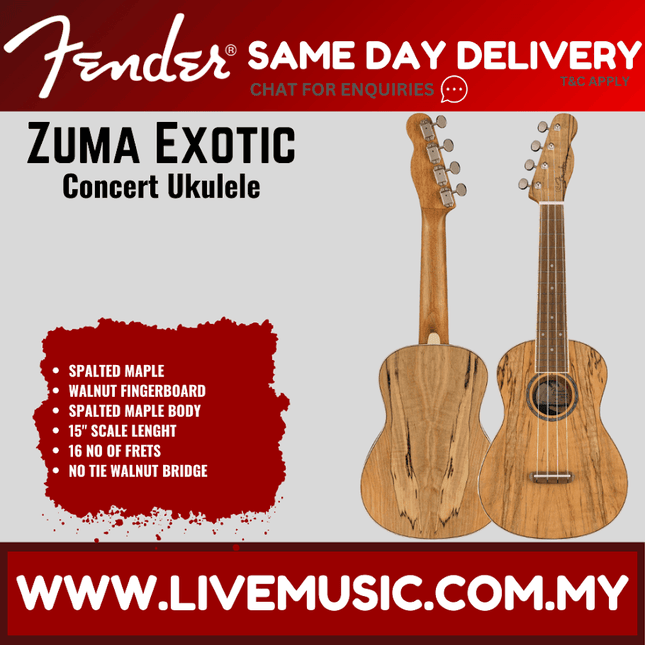 Fender Zuma Exotic Concert Ukulele, Walnut FB, Spalted Maple